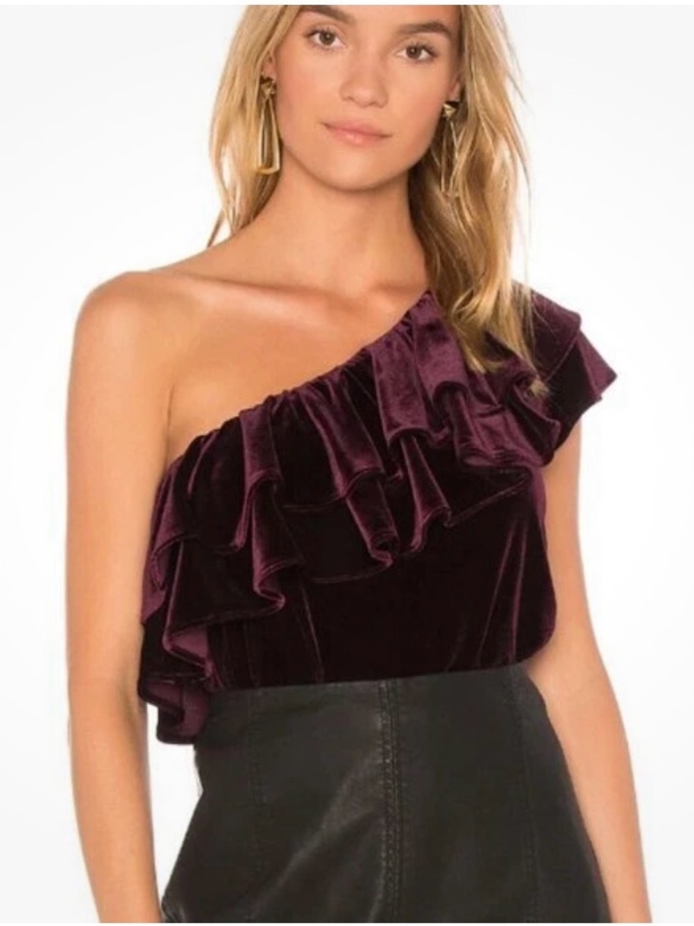 MISA Los Angeles velvet one shoulder ruffle top plum sz S